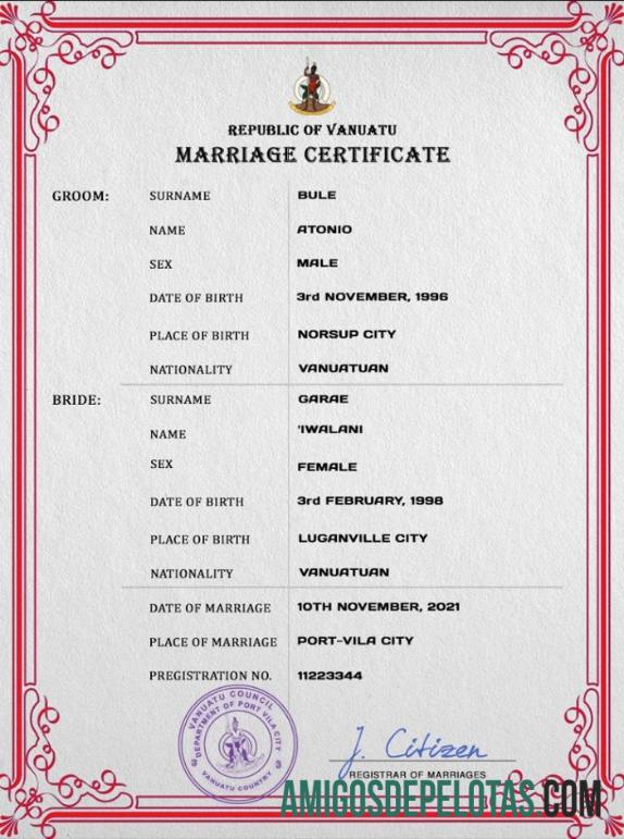 Certidão de casamento de Vanuatu PSD sample